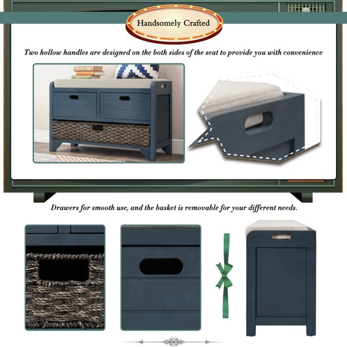 Storage Bench with Cushion, Removable Basket and 2 Drawers - Image 8