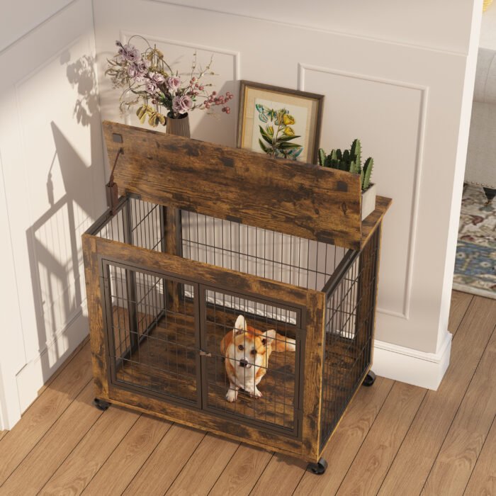 Style Dog Crate on Wheels with Double Doors and Lift Top - Image 4