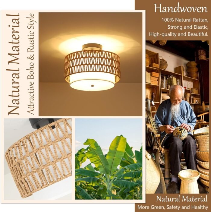 Boho Rattan Semi Flush Mount Ceiling Light Fixture (3-Light) - Image 7