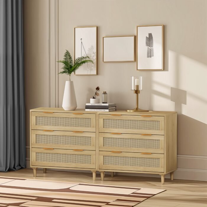 Rattan Oak Drawer Cabinet with 3 drawers (Set of 2) - Image 3