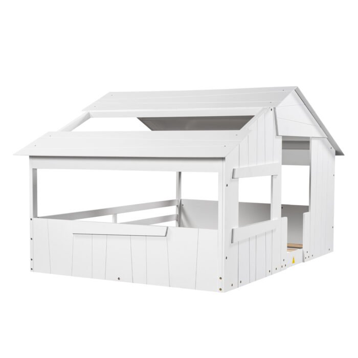 Wood Full Size House Bed with Roof, Window and Guardrail White - Image 4