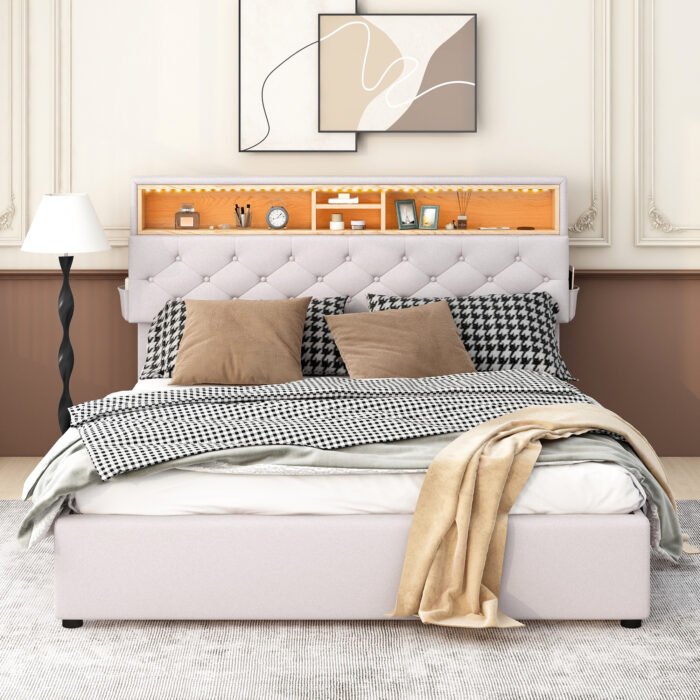 Queen Size Upholstered Platform Bed with Storage Headboard  LED  and 2 Drawers - Image 3