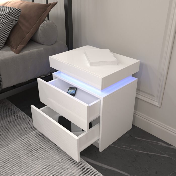 Modern white Nightstand With 2 Storage Drawers and LED Lights - Image 5
