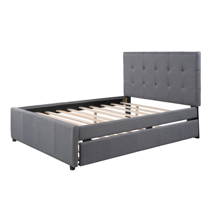 Full Size Upholstered Platform Bed With Linen Headboard and Trundle - Image 11