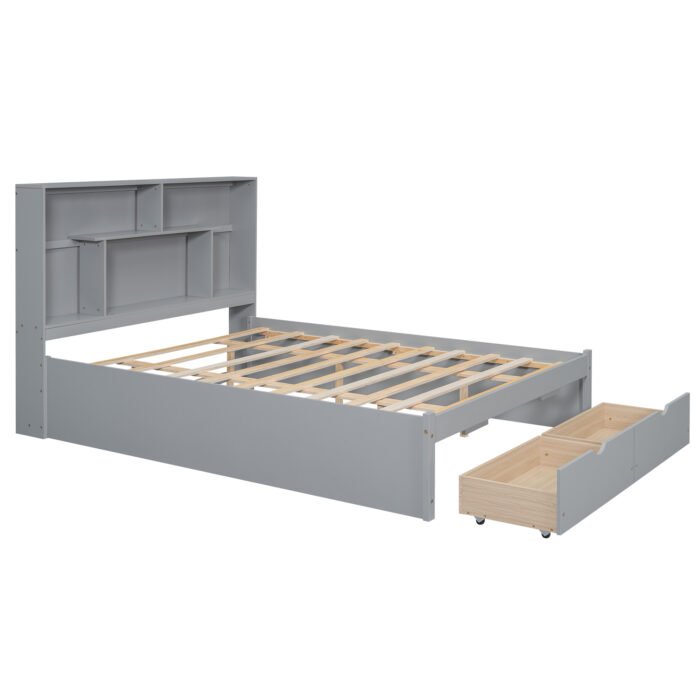Queen Size Platform Bed with Storage Headboard and 2 Drawers, Gray - Image 5