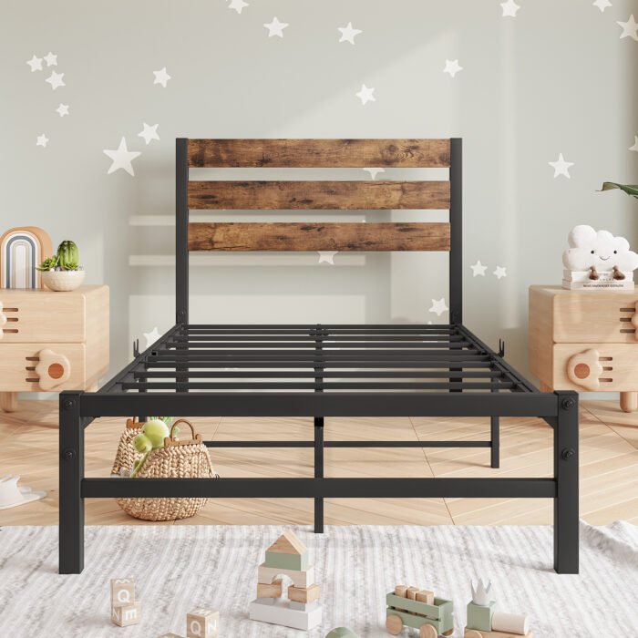 Twin Size Platform Bed Frame with Rustic Vintage Wood Headboard Rustic Brown - Image 3