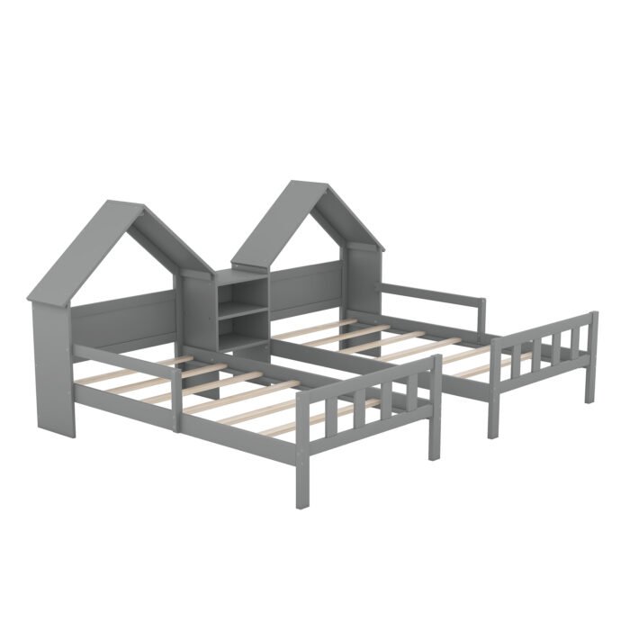 Double Twin Size Platform Bed with House shaped Headboard and Nightstand - Image 8