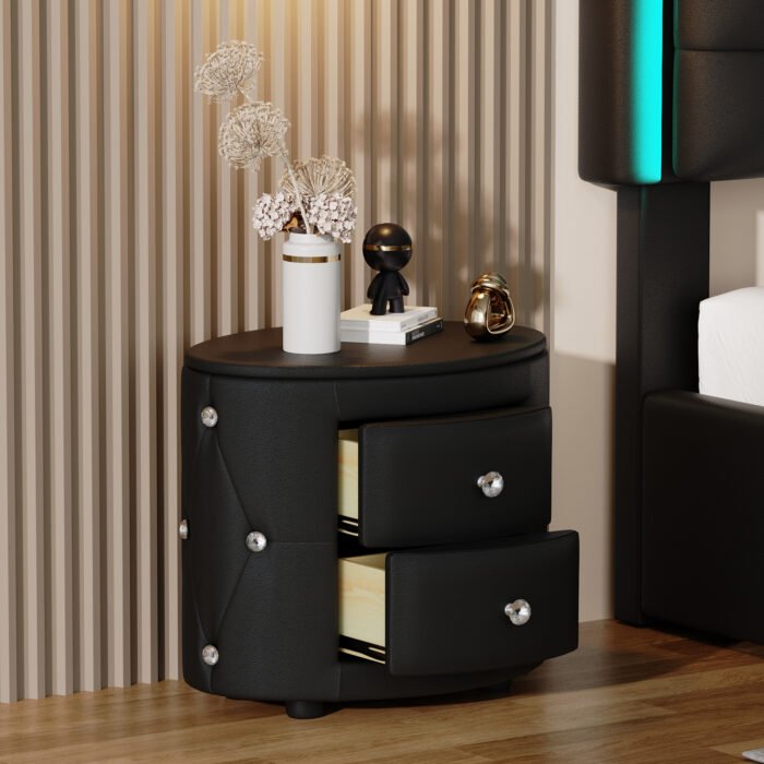 Elegant PU Nightstand with 2 Drawers and Crystal Handle Black - Image 2
