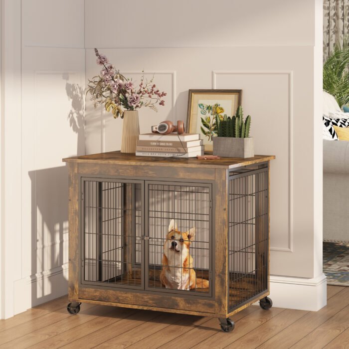 Style Dog Crate on Wheels with Double Doors and Lift Top - Image 2
