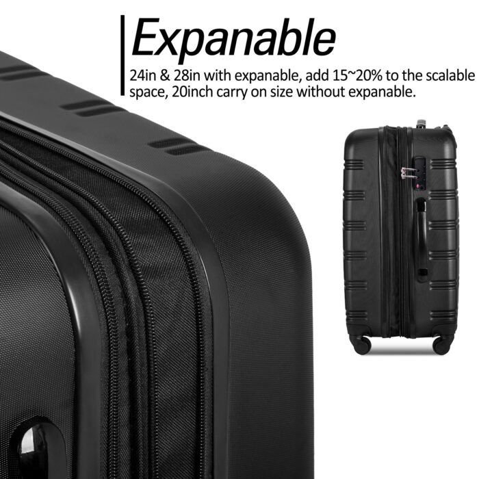 3 Piece Luggage Set Hardside Spinner Suitcase with TSA (20/24/28) Black - Image 7