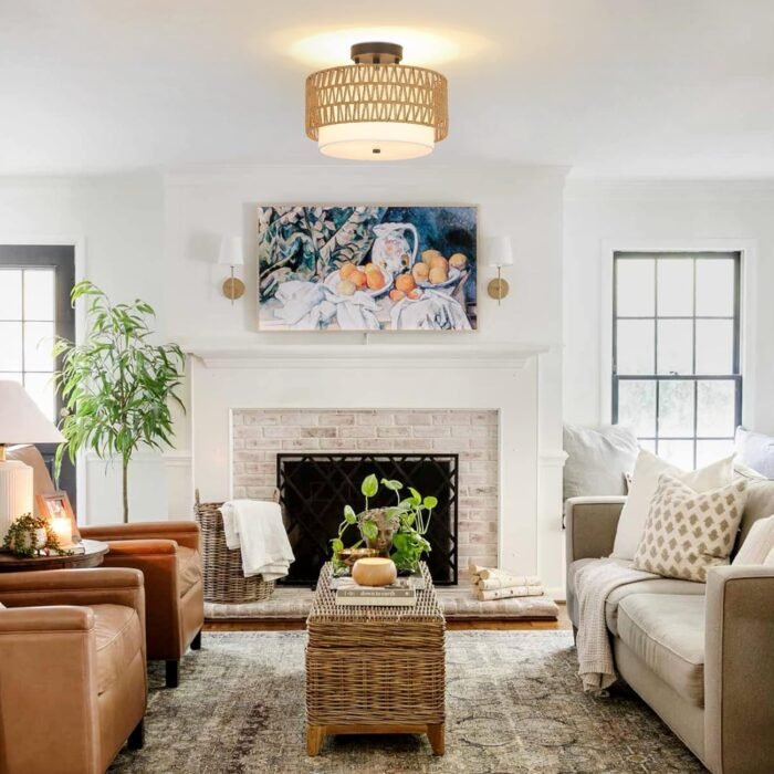 Boho Rattan Semi Flush Mount Ceiling Light Fixture (3-Light) - Image 3