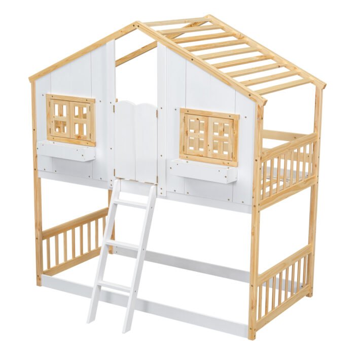Twin over House Bunk Bed with Roof and Window and with Safety Guardrails and Ladder (Natural/White) - Image 9