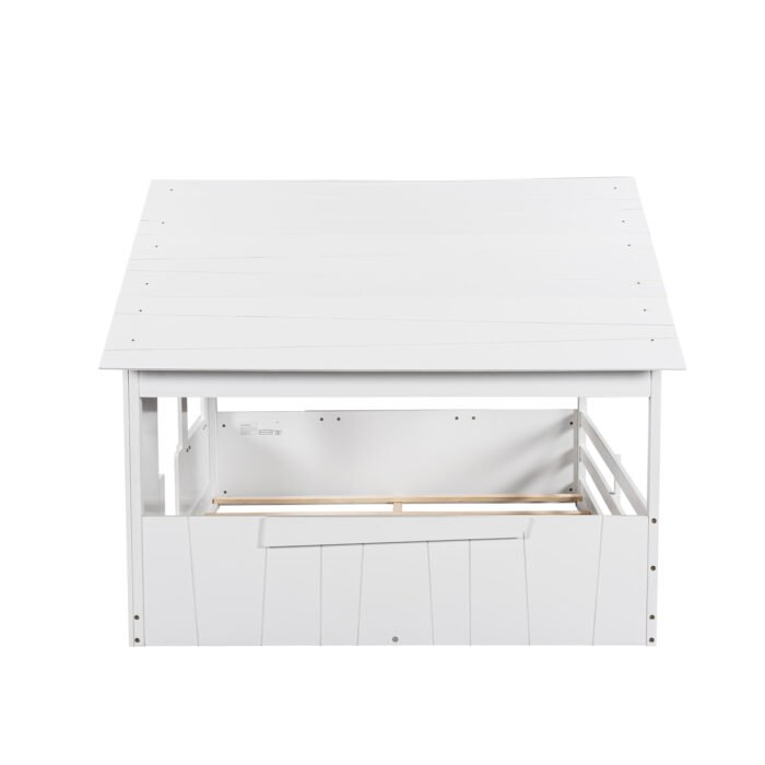 Wood Full Size House Bed with Roof, Window and Guardrail White - Image 12