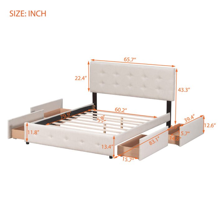 Queen Size Upholstered Platform Bed with Classic Linen Headboard and 4 Drawers - Image 4