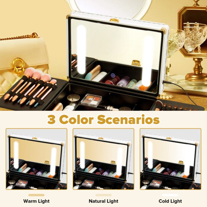 Portable makeup case with LED mirror and brush holder - Image 10