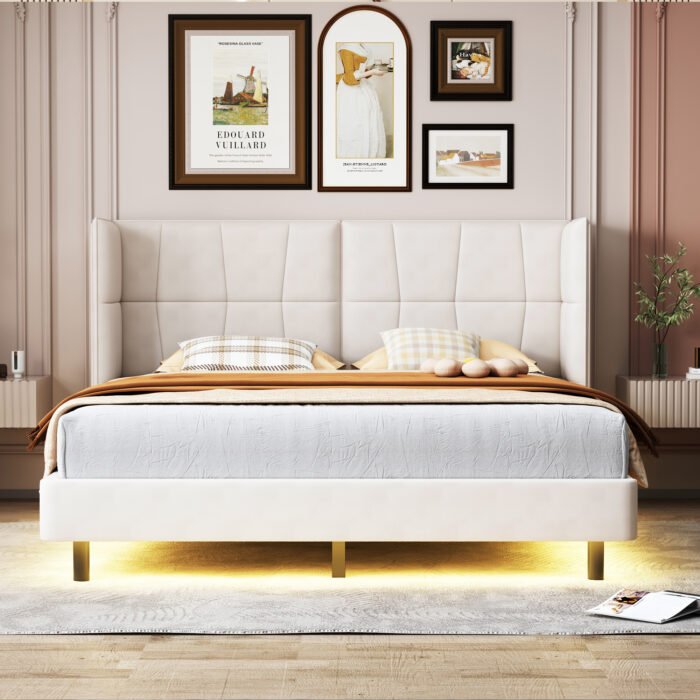 Queen Size Upholstered Platform Bed with LED Lights and Linen Headboard - Image 2