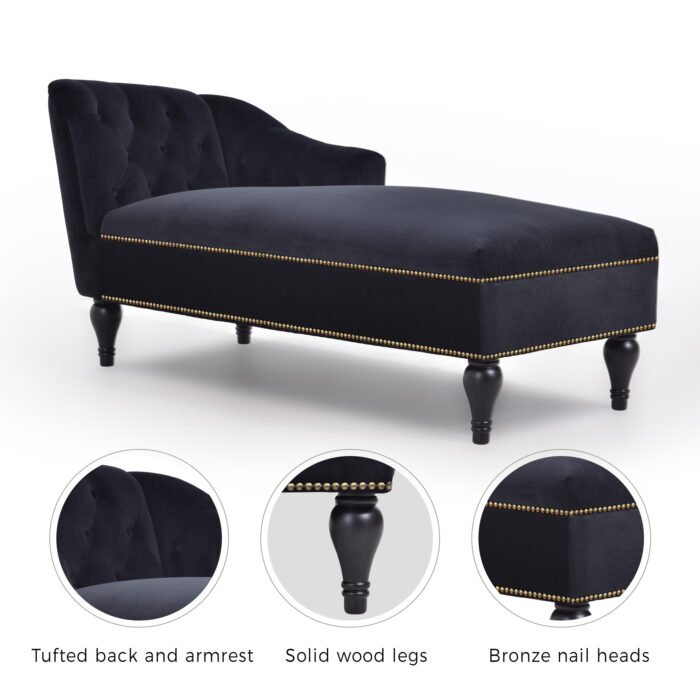 Velvet right arm Chaise Longue with button cluster and solid wood legs - Image 13