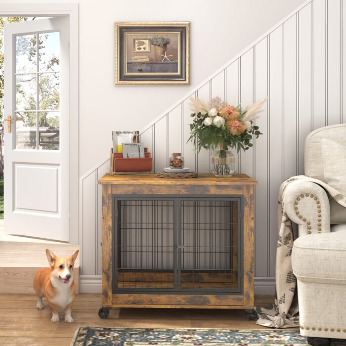 Style Dog Crate on Wheels with Double Doors and Lift Top - Image 3