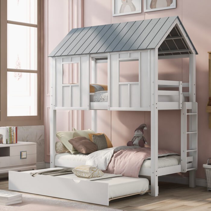 House Bunk Bed with Trundle with Roof and Windows White - Image 4