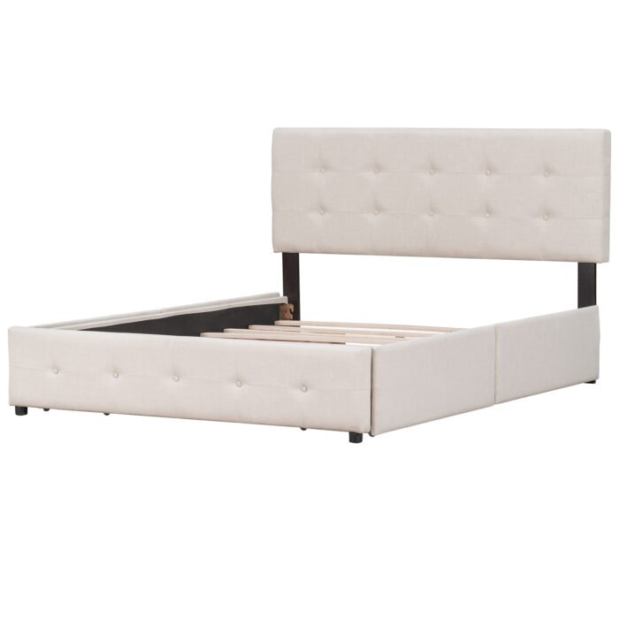 Queen Size Upholstered Platform Bed with Classic Linen Headboard and 4 Drawers - Image 15