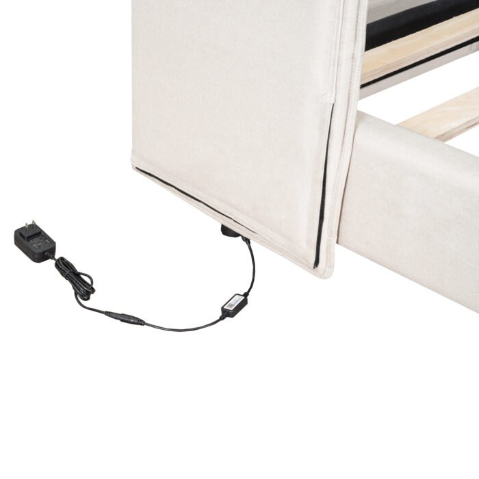 Queen Size Upholstered Platform Bed with LED Lights and Linen Headboard - Image 13