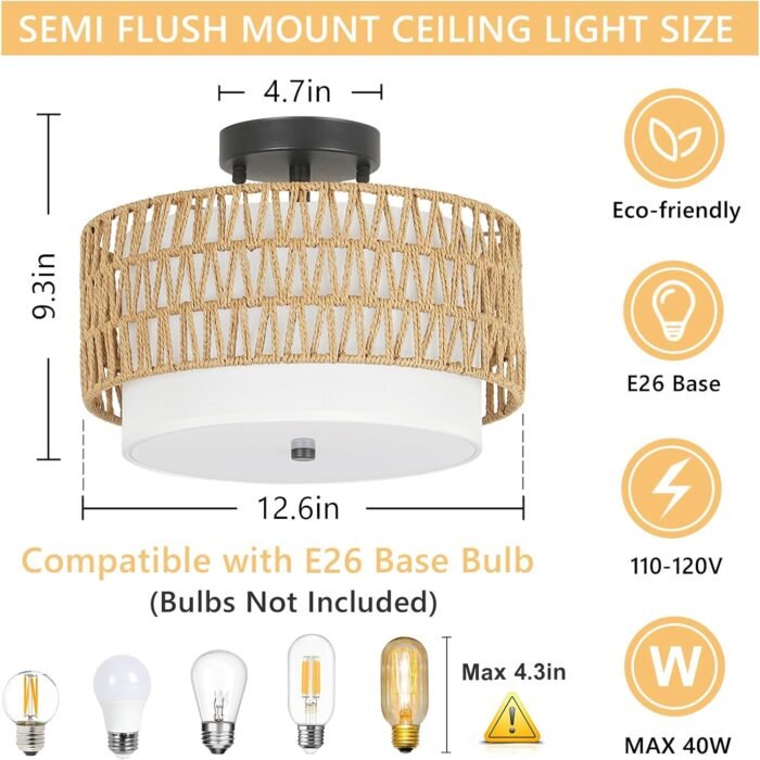 Boho Rattan Semi Flush Mount Ceiling Light Fixture (3-Light) - Image 9