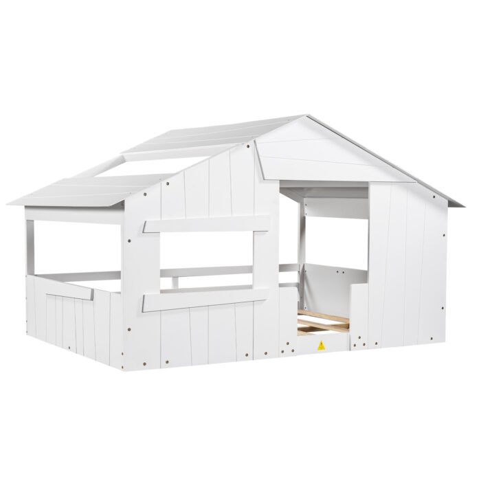 Wood Full Size House Bed with Roof, Window and Guardrail White - Image 9