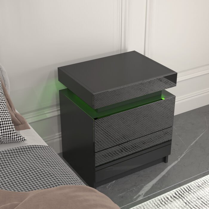Modern Black Nightstand with LED light and 3 drawers - Image 2