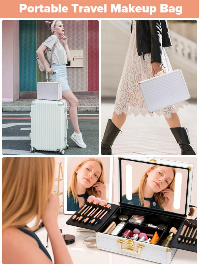 Portable makeup case with LED mirror and brush holder - Image 12