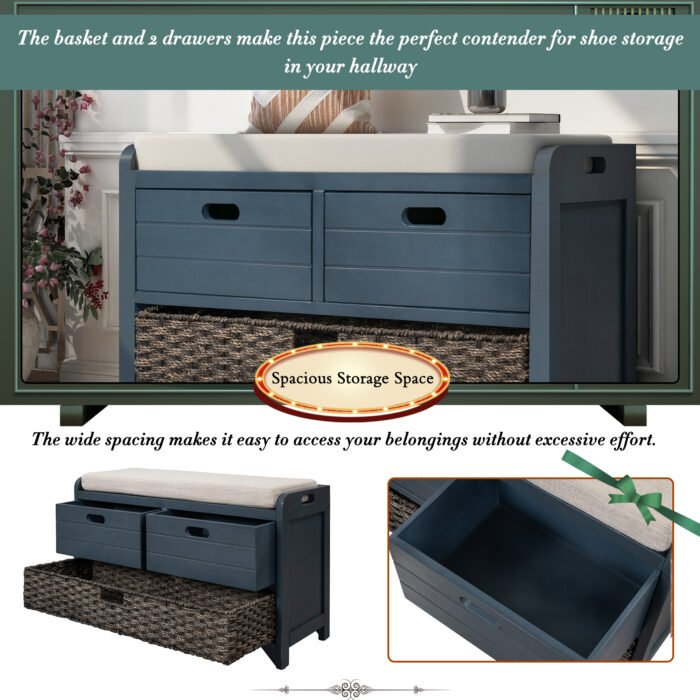 Storage Bench with Cushion, Removable Basket and 2 Drawers - Image 6