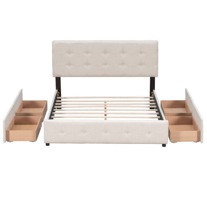 Queen Size Upholstered Platform Bed with Classic Linen Headboard and 4 Drawers - Image 6