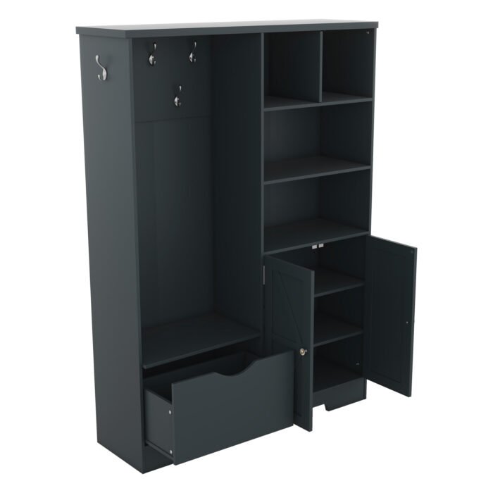 Multi-functional Coat Rack with Storage Shelves Drawers and Bench - Image 10