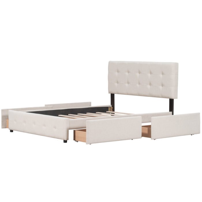 Queen Size Upholstered Platform Bed with Classic Linen Headboard and 4 Drawers - Image 5