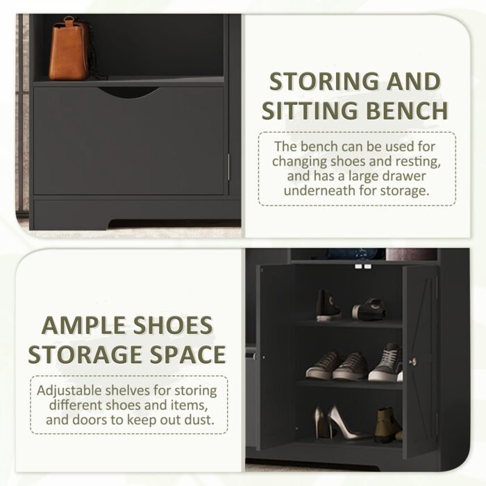 Multi-functional Coat Rack with Storage Shelves Drawers and Bench - Image 7