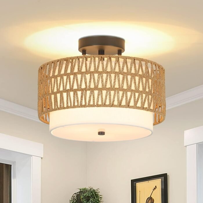 Boho Rattan Semi Flush Mount Ceiling Light Fixture (3-Light) - Image 2