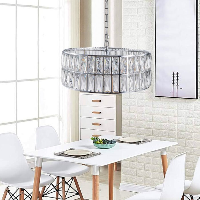 Modern crystal drum 6-light pendant light with silver metal frame - Image 2