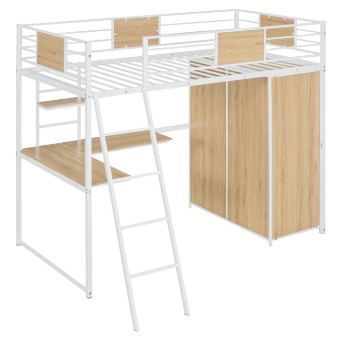 Twin Size Loft bed with L-shape Desk and Wardrobe, White - Image 6