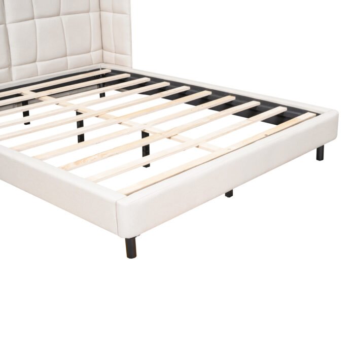Queen Size Upholstered Platform Bed with LED Lights and Linen Headboard - Image 5
