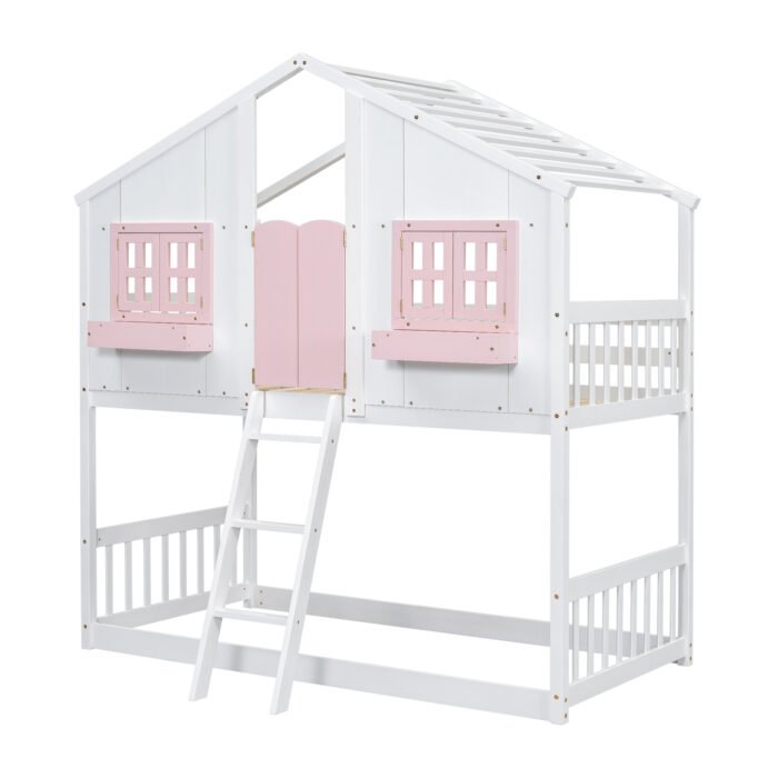Twin over House Bunk Bed with Roof and Window and with Safety Guardrails and Ladder - Image 13