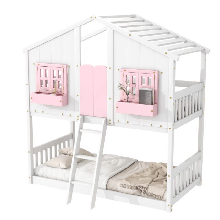 Twin over House Bunk Bed with Roof and Window and with Safety Guardrails and Ladder - Image 7