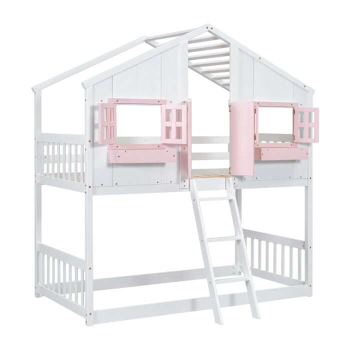 Twin over House Bunk Bed with Roof and Window and with Safety Guardrails and Ladder - Image 9