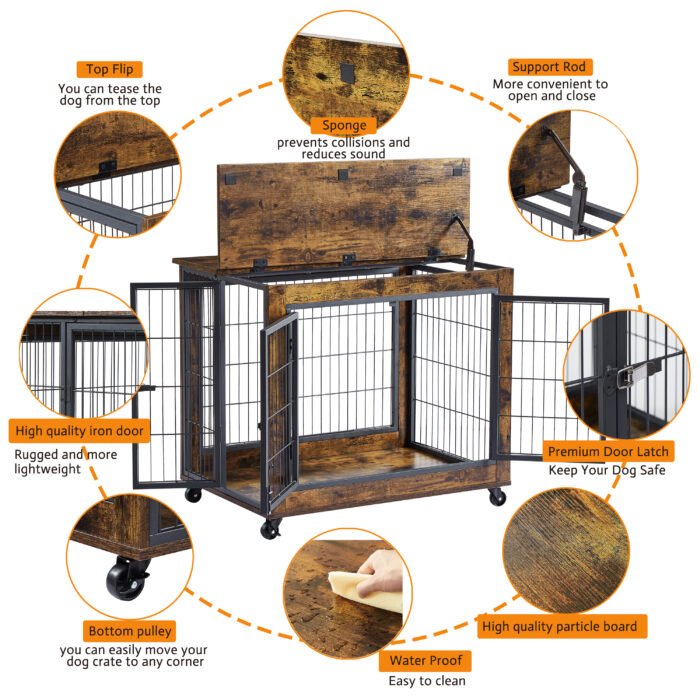 Style Dog Crate on Wheels with Double Doors and Lift Top - Image 5