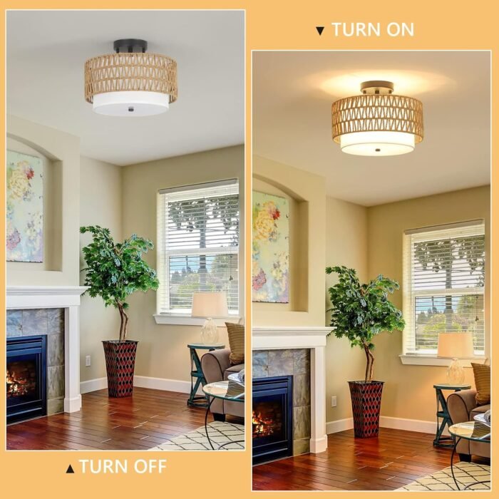 Boho Rattan Semi Flush Mount Ceiling Light Fixture (3-Light) - Image 5