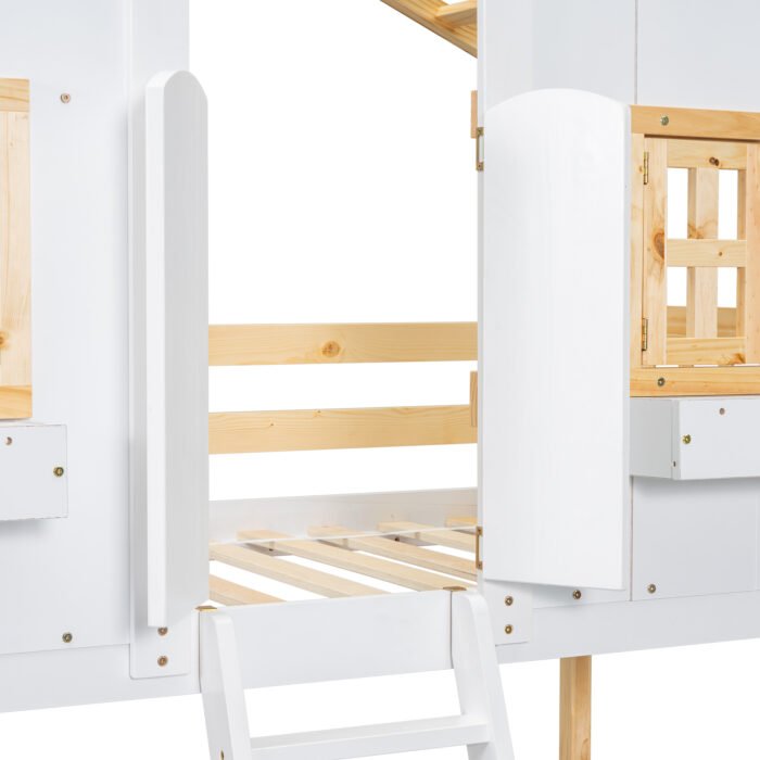 Twin over House Bunk Bed with Roof and Window and with Safety Guardrails and Ladder (Natural/White) - Image 21