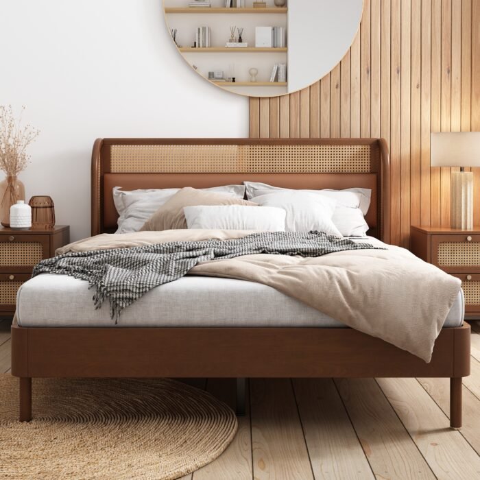 Modern Cannage Rattan Wood Platform Queen Bed - Image 3