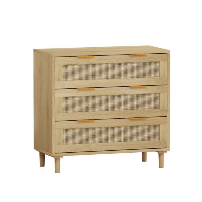 Rattan Oak Drawer Cabinet with 3 drawers (Set of 2) - Image 8