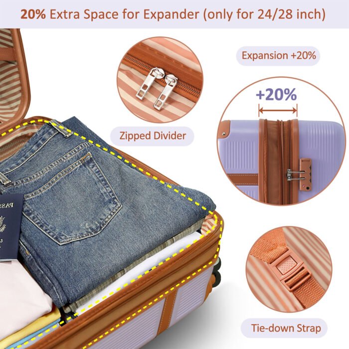 Hardshell Lightweight Luggage 3 Piece Set with 8 wheels and TSA Lock (20/24/28) - Image 6