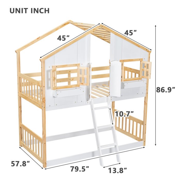 Twin over House Bunk Bed with Roof and Window and with Safety Guardrails and Ladder (Natural/White) - Image 7