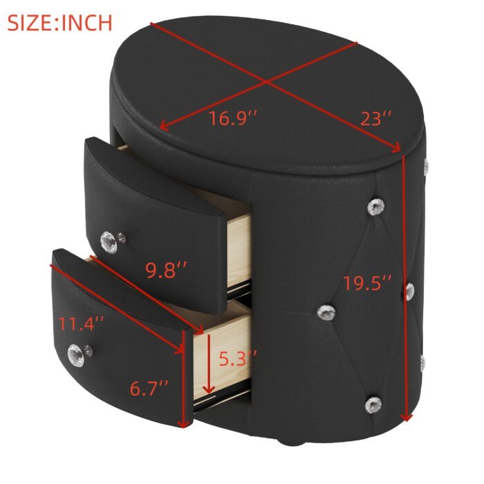 Elegant PU Nightstand with 2 Drawers and Crystal Handle Black - Image 7