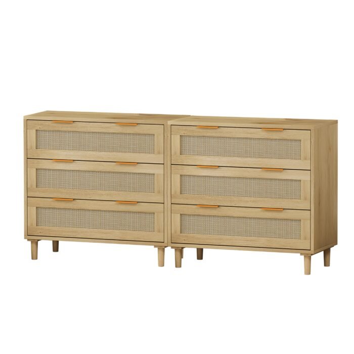 Rattan Oak Drawer Cabinet with 3 drawers (Set of 2) - Image 5